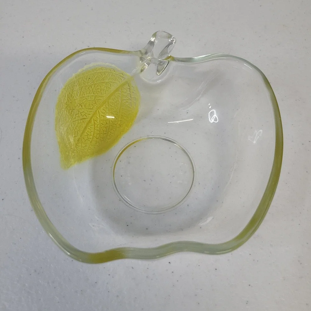 Vintage Apple Shaped Clear Glass Small Bowl Yellow Leaf‎ Detail Trinket Dish